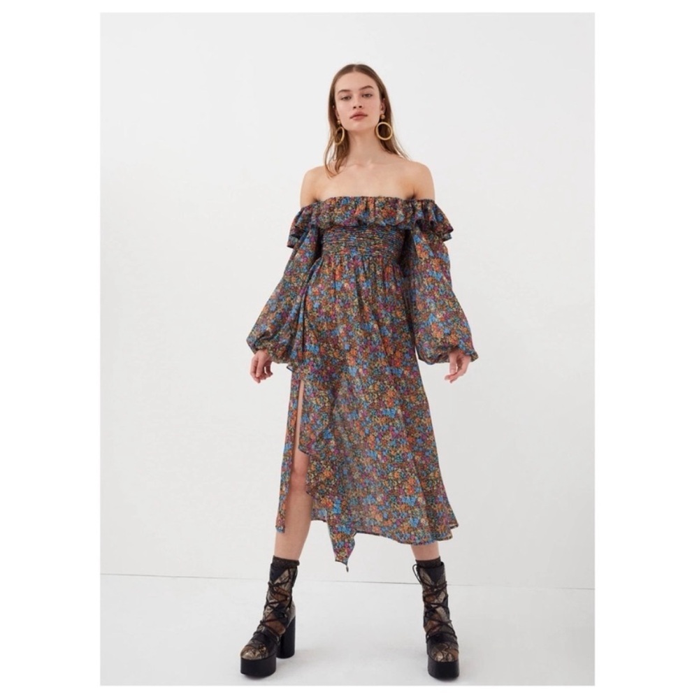 For Love & Lemons | Feminine Boho Coquette Brittany Midi Dress Blue Ditsy Floral
